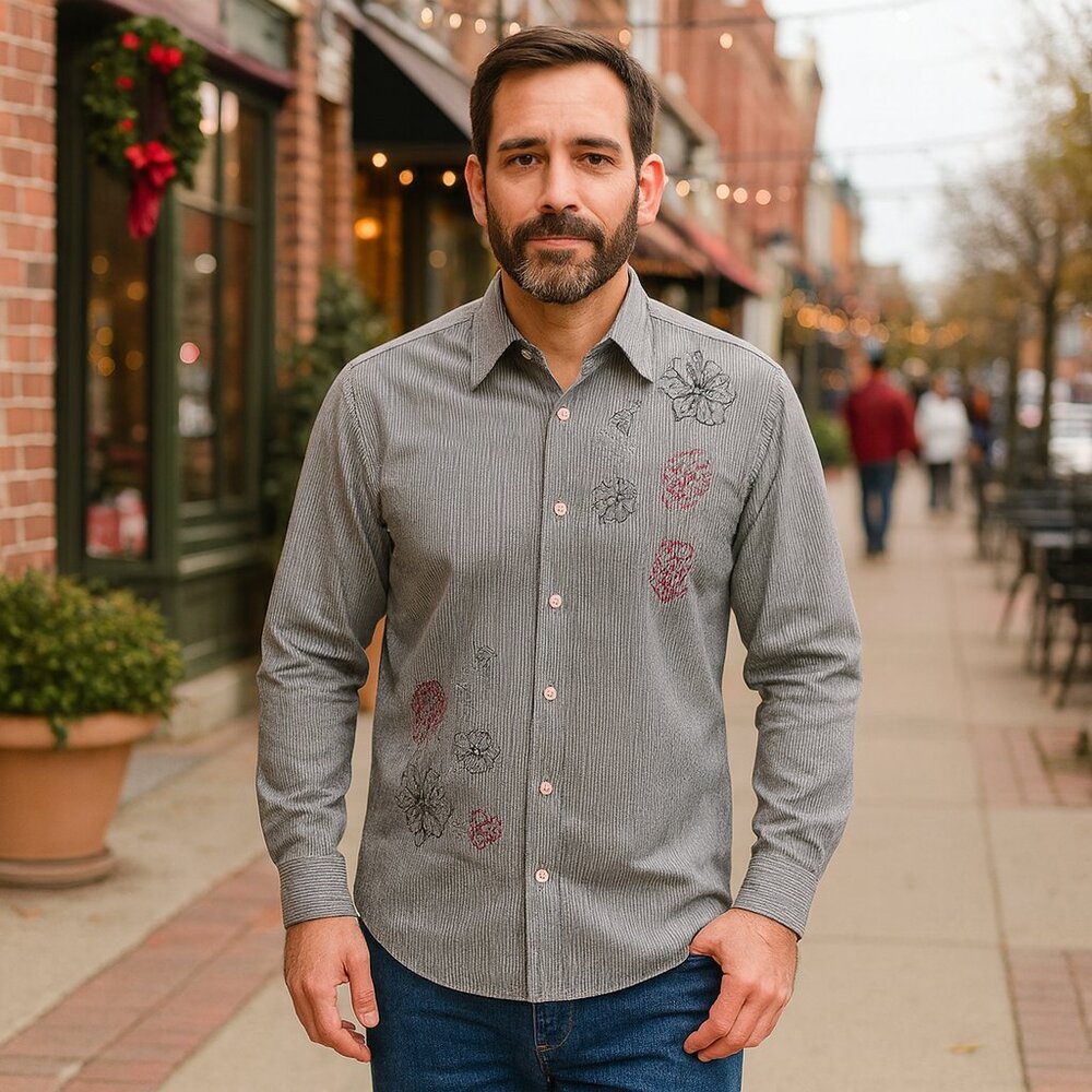 Chrome Mens Blue Gray & White Pinstripe Shirt